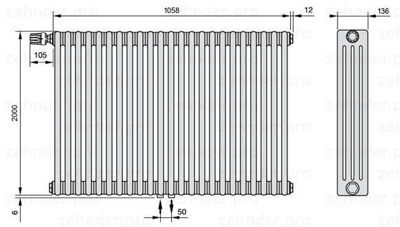Схема (чертеж) Радиатор Zehnder Charleston 4200/23 №V007 Белый глянцевый RAL 9016